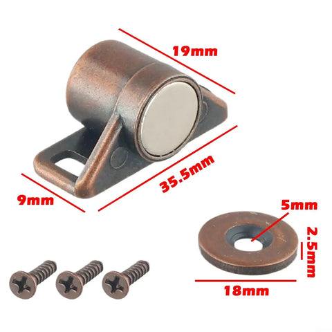 Red bronze magnetic cabinet door catch with screws, dimensions labeled, Magnetic Cabinet Door Catch Zinc Alloy Latch For Kitchen And Bedroom Furniture Heavy Duty Hold Quiet Close Action Durable Zinc Construction Screws Included Silver Finish Dust And Pet Safe Dresser Stopper.