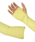 Tough As Nails Double Ply Kevlar Arm Sleeves Cut And Heat Resistant Ergonomic Knit Fit With Thumb Slots Perfect For Welding Mechanics Gardeners 18 Inch Yellow Includes 2 Pair Bundle showing arm sleeves with thumb slots.
