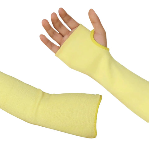 Tough As Nails Double Ply Kevlar Arm Sleeves Cut And Heat Resistant Ergonomic Knit Fit With Thumb Slots Perfect For Welding Mechanics Gardeners 18 Inch Yellow Includes 2 Pair Bundle showing arm sleeves with thumb slots.