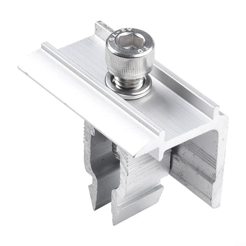 Slick Stainless Steel Solar Panel End Clamp for 30 to 50mm Frame with Quick Click Mounting Clip for Hassle Free RV and Boat Roof Rack Install Secure PV Module Fastener That Slides on Smooth as Butter Heavy Duty Rigging for Top Shelf Solar Setup shown from side