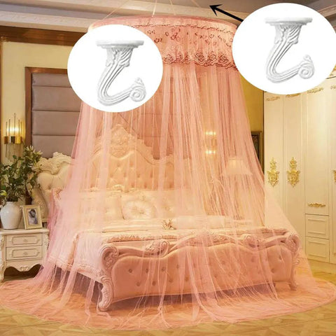 Six Pack White Ceiling Hooks For Hanging Plants And Decor Heavy Duty Swag Toggle Hooks With Hardware Easy Install For Hollow Or Solid Walls installed holding pink canopy over bed