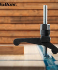 Heavy Duty T Track Hold Down Clamp Set For CNC Machines Table Saws Drill Presses And Workbenches Includes Two Five Sixteenths Inch T Bolts Two Thumb Knobs Two Swivels And Two Clamps For Fast Secure Woodworking Setups black hold-down clamp with 5/16 T-bolt in T-track on woodworkbench