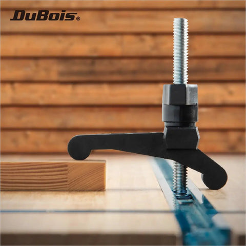 Heavy Duty T Track Hold Down Clamp Set For CNC Machines Table Saws Drill Presses And Workbenches Includes Two Five Sixteenths Inch T Bolts Two Thumb Knobs Two Swivels And Two Clamps For Fast Secure Woodworking Setups black hold-down clamp with 5/16 T-bolt in T-track on woodworkbench