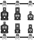 Impact Socket Adapter And Reducer Set In One Quarter, Three Eighths, And One Half Inch Sizes displayed with size labels