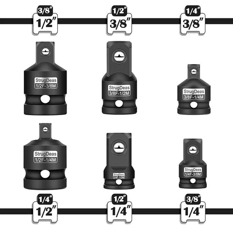 Impact Socket Adapter And Reducer Set In One Quarter, Three Eighths, And One Half Inch Sizes displayed with size labels