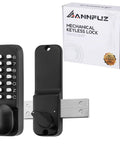 Old-School Mechanical Keyless Keypad Door Knob Lock With Bolt, single-sided passcode entry, matte black, box packaging.