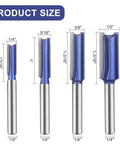 Heavy Duty Double Flute Straight Router Bit Set With 1/4 Inch Shank Carbide Tips For Smooth Grooves And Hollows Plus Flush Trim Kit sizes shown.