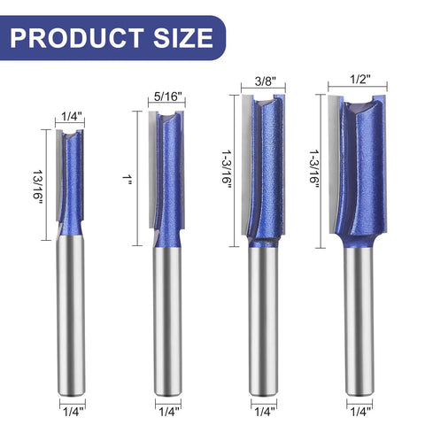 Heavy Duty Double Flute Straight Router Bit Set With 1/4 Inch Shank Carbide Tips For Smooth Grooves And Hollows Plus Flush Trim Kit sizes shown.