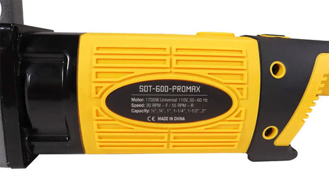 Close-up of Handheld Power Pipe Threader Knocks Out 1/2 To 2 Inch Npt Runs Smoothly with 1700W motor and speed details.