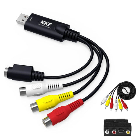 USB 2 Point 0 Video Capture Card For Streaming And VHS To Digital Conversion With Audio Grabber showing plug and color-coded cables.