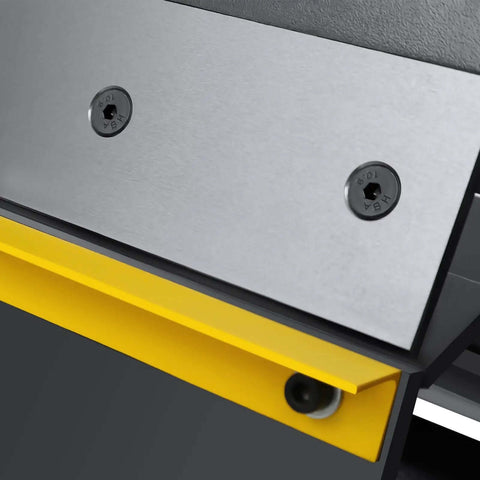 Close-up of 24 Inch Pan And Box Brake Sheet Metal Bender 0 To 135 Degree Hand Brake for shear bending and rolling, focus on screws and edge.