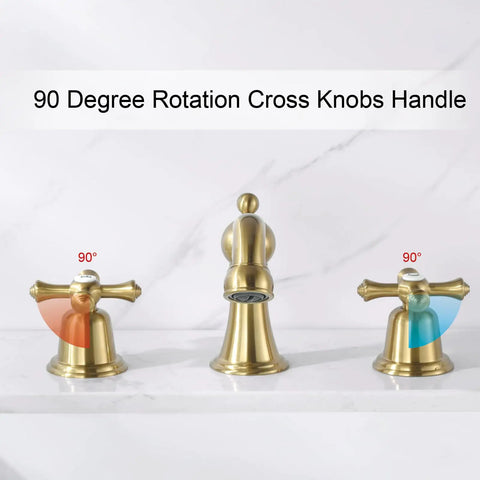 Brushed Gold Widespread Bathroom Faucet 8 Inch 3 Hole With Two Cross Handle Knobs And Drain For Vanity Sink Tap