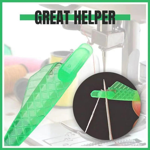 Automatic Needle Threader Set 10 Pack For Sewing Machines And Hand Sewing, showing green tool threading a needle.