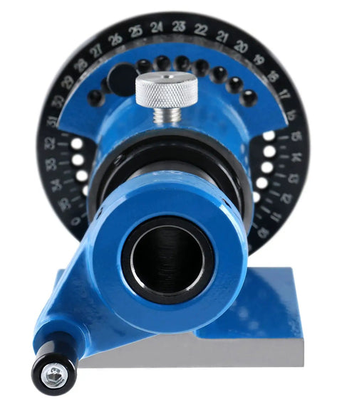 Front view of ER32 Shop Ready Pro Grade Precision Spin Index With Wrench For Indexing And Grinding, Five Inch Plate With Thirty Six Holes