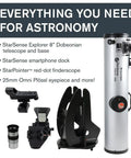 Components of StarSense Explorer 8 Inch App Enabled Telescope With 203mm Dobsonian Mount, Smartphone Dock And StarSense App displayed.
