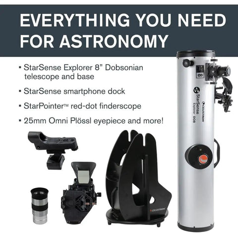 Components of StarSense Explorer 8 Inch App Enabled Telescope With 203mm Dobsonian Mount, Smartphone Dock And StarSense App displayed.