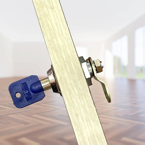 Heavy Duty Tubular Cam Locks Keyed Alike Cylinder Hardware installed on wood panel with blue key visible.