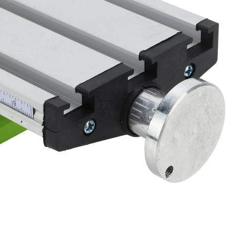 Close-up of Heavy Duty Aluminum Cross Slide Table For Bench Drill Press featuring smooth dovetail guide rails and zero lock handwheel.