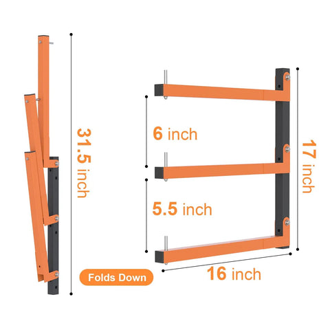 Badass Heavy Duty Lumber Rack Wall Mount With Six Level System For Garage Wood Storage Holds 720 Pounds Powder Coated Steel Organizer Rack Four Pack Orange dimensions with measurements.