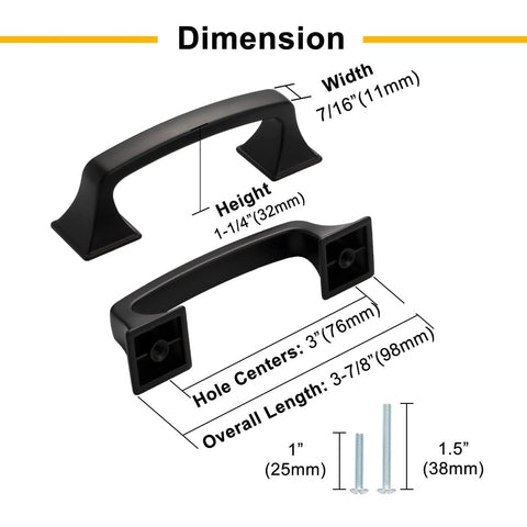 10 Pack 3 Inch Oil Rubbed Bronze Drawer Pulls with dimensions, featuring 1-1/4 inch height and 7/16 inch width, includes screws