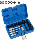 Solid 17 Piece Brake Caliper Socket Set Made From Heavy Chrome Vanadium Steel With Hex Adapters For 1/2 And 3/8 Inch Ratchets Plus Tough Storage Case To Keep Your Garage Tools Nice And Organized open blue case with brake caliper sockets and hex adapters