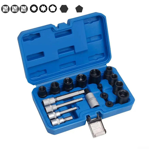 Solid 17 Piece Brake Caliper Socket Set Made From Heavy Chrome Vanadium Steel With Hex Adapters For 1/2 And 3/8 Inch Ratchets Plus Tough Storage Case To Keep Your Garage Tools Nice And Organized open blue case with brake caliper sockets and hex adapters
