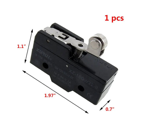 Rock Solid Miniature Limit Switch Featuring Short Roller Hinge Lever With 3 Screw Terminals For Smooth Triggering In Automation Rigs And Circuit Builds Crafted From Tough Resin And Metal Body For Long Life On Every Job Site XZ-15GW22-B close-up with dimensions displayed.