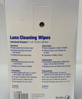 Lens cleaning wipes box with blue text; individually wrapped 5 by 8 inches for eyeglasses.