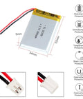 High Capacity 3.7V 1000mAh LiPo Battery 503450 with 2P PH 2.0mm connector, showing dimensions and protection features.