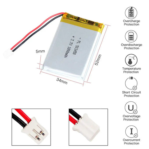High Capacity 3.7V 1000mAh LiPo Battery 503450 with 2P PH 2.0mm connector, showing dimensions and protection features.