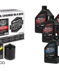 V-Twin Synthetic Oil Change Kit With Black Filter For Sportster Engines And Transmissions displayed with oil bottles and filter
