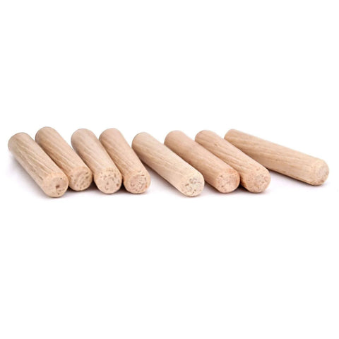 8 visible pieces from the 1000 Piece Five Sixteenth Inch Wooden Dowel Pins Set For Woodworking, straight, fluted, beveled, tapered ends.