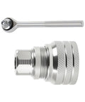 3/8 Inch Drive Socket Ratchet Wrench Set Two Piece Heavy Metal Tool Kit Grease Monkey Approved showing ratchet and socket.