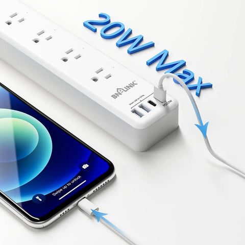 Smart WiFi Power Strip Surge Protector Packs Six Independently Switched Outlets and Four Fast Charging USB Ports with a Sleek Type C Adapter with smartphone charging.