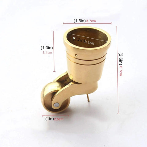 One Inch Solid Brass Swivel Caster Wheels Featuring Slick Antique Cup Design with measurements for size and fit.