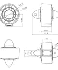 Technical diagram of U2 Mini Underwater Thruster 12 to 16V 130W brushless motor for kayaks, ROV, RC boats, CW design