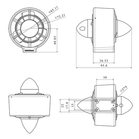 Technical diagram of U2 Mini Underwater Thruster 12 to 16V 130W brushless motor for kayaks, ROV, RC boats, CW design