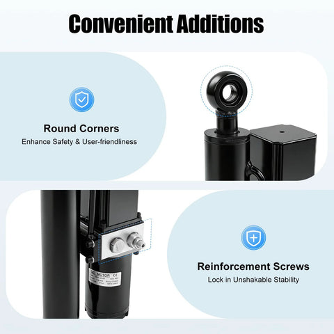 2T heavy-duty hydraulic actuator 12V cylinder with round ball-joint; front, side and close-up views