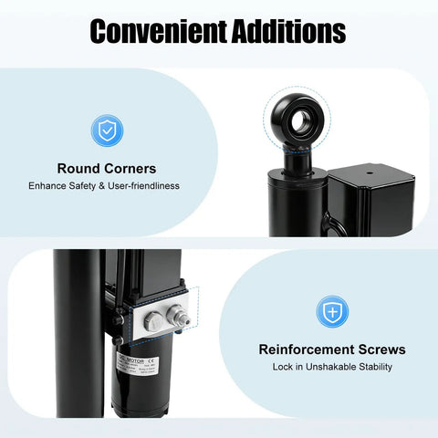 Close-up of Heavy Duty DC 12V Hydraulic Electric Linear Actuator showing round corners and reinforcement screws for stability.