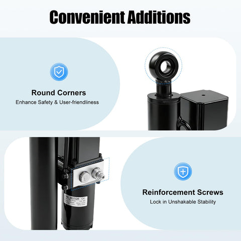 Top Shelf Heavy Duty 12V DC Electric Hydraulic Actuator 800 Watt 2 Ton Linear Cylinder showing round corners and reinforcement screws.