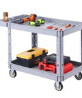 Heavy Duty Rolling Utility Cart 550 Lb Capacity, 2 Tier Service Cart With 360 Degree Swivel Wheels And Brakes On Two Front Casters, Built Tough Plastic Trays, Garage Workshop Organizer Gray loaded with tools