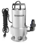 Heavy Duty 1.6 HP Submersible Sump Pump Boasts Wicked High Flow And Rustproof Stainless Steel Build, Effortlessly Kicks Out Standing Water At 5500 GPH While Pumping Fresh Flow Up To 30 Feet Smoothly, showcasing stainless steel body and cable.