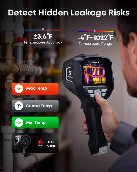 Person using Dope Handheld Thermal Imager With 3 Point 5 Inch IPS Screen And 512 By 384 IR Resolution For Electrical HVAC And Building Inspections Fusion Imaging And 2MP Visible Camera Range From Minus Four To 1022 Fahrenheit to detect leakage risks in pipes.