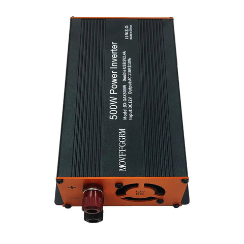 Rugged 500W Power Inverter With Dual AC Outlets And USB Port Converts DC 12V To 110V AC Modified Sine Wave, angled view showing connections.