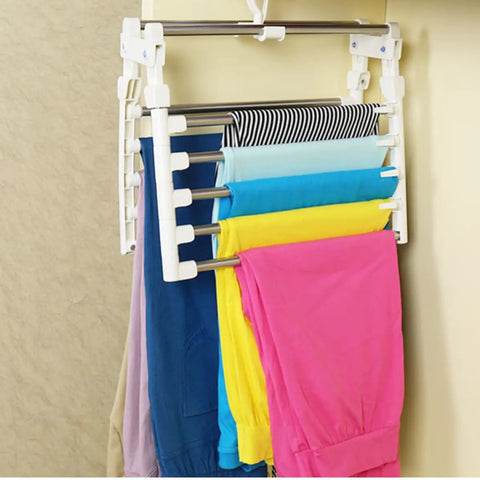 Heavy Duty Foldable Multi Layer Pants Hangers Crafted From Durable Stainless Steel with colorful pants organized for space saving.