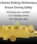 Tough And Slick Universal Brass Brake Proportioning Valve Disc Front Drum Rear For GM Ford Chevy Street Rods Muscle Cars Plus Classic Truck Rides Dual Reservoir Master Cylinder PV2 Model 1353, showing the valve and connectors.