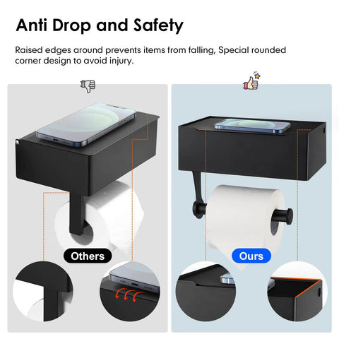 Toilet Paper Holder With Shelf And Wet Wipes Dispenser Stainless Steel Wall Mount Toilet Tissue Holder Black Finish, phone on shelf.
