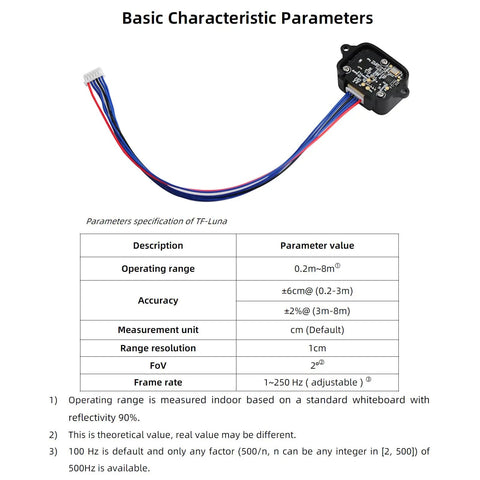 TF LUNA LiDAR Module Distance Sensor For Arduino And Pixhawk showing wiring and specification table with parameters.