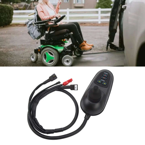 24V Electric Wheelchair Joystick Controller With Brake Connector For Easy Speed And Direction Control In Mobility Aids Plug And Play Installation Reliable Stop On Release Compatible With Electric Wheelchairs close-up view of joystick with wiring