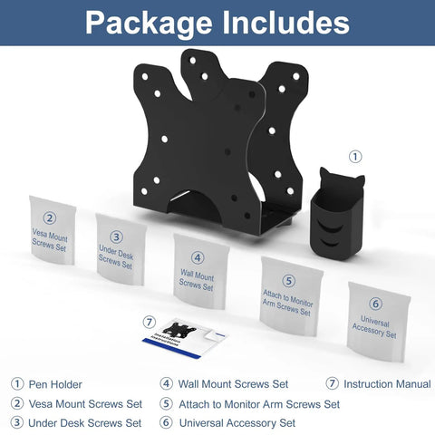 Adjustable Mini PC Mount Bracket package contents including screws, accessories, and instruction manual for easy installation.